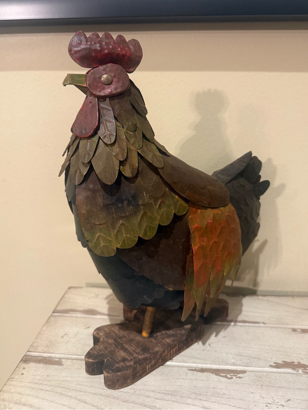 Vintage Rustic Metal & Wood Rooster Sculpture - Handcrafted Folk Art